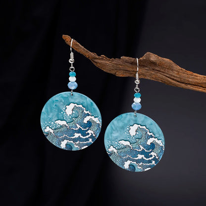 Geometric Round Blue Waves Acrylic Earrings