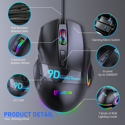 12000DPI Macro RGB Gaming Mouse 9 Programmable Keys - BestShop