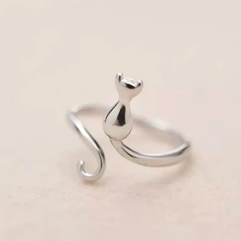 Huitan Silver Color Cat Ring