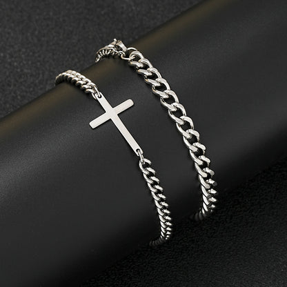 Stainless Steel Cross Cuban Chain Bracelet Set