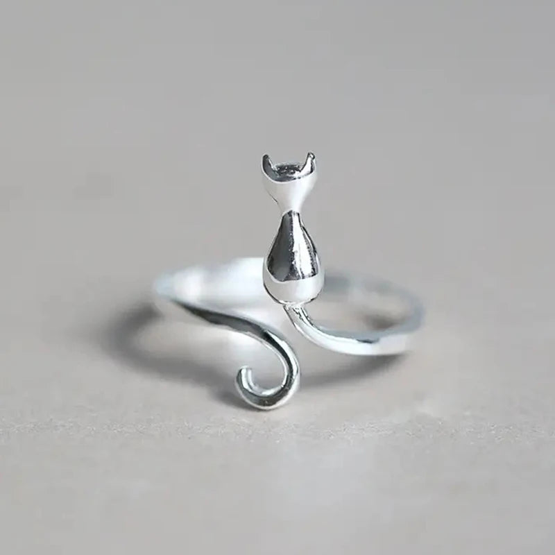 Huitan Silver Color Cat Ring