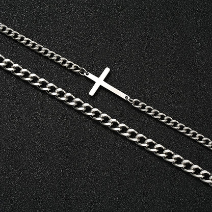 Stainless Steel Cross Cuban Chain Bracelet Set