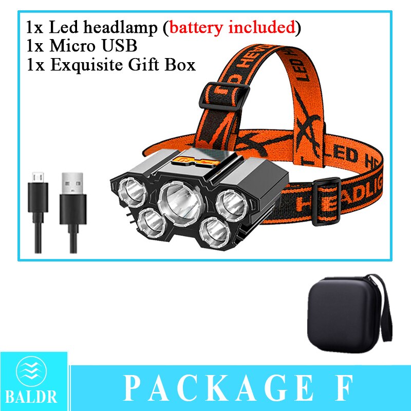 USB Rechargeable Headlamp Portable 5LED Headlight Built in Battery - BestShop