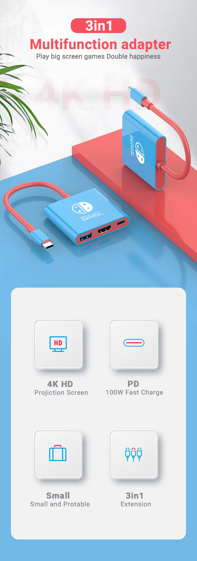 Switch Dock 4K HDMI USB 3.0 Hub Adapter