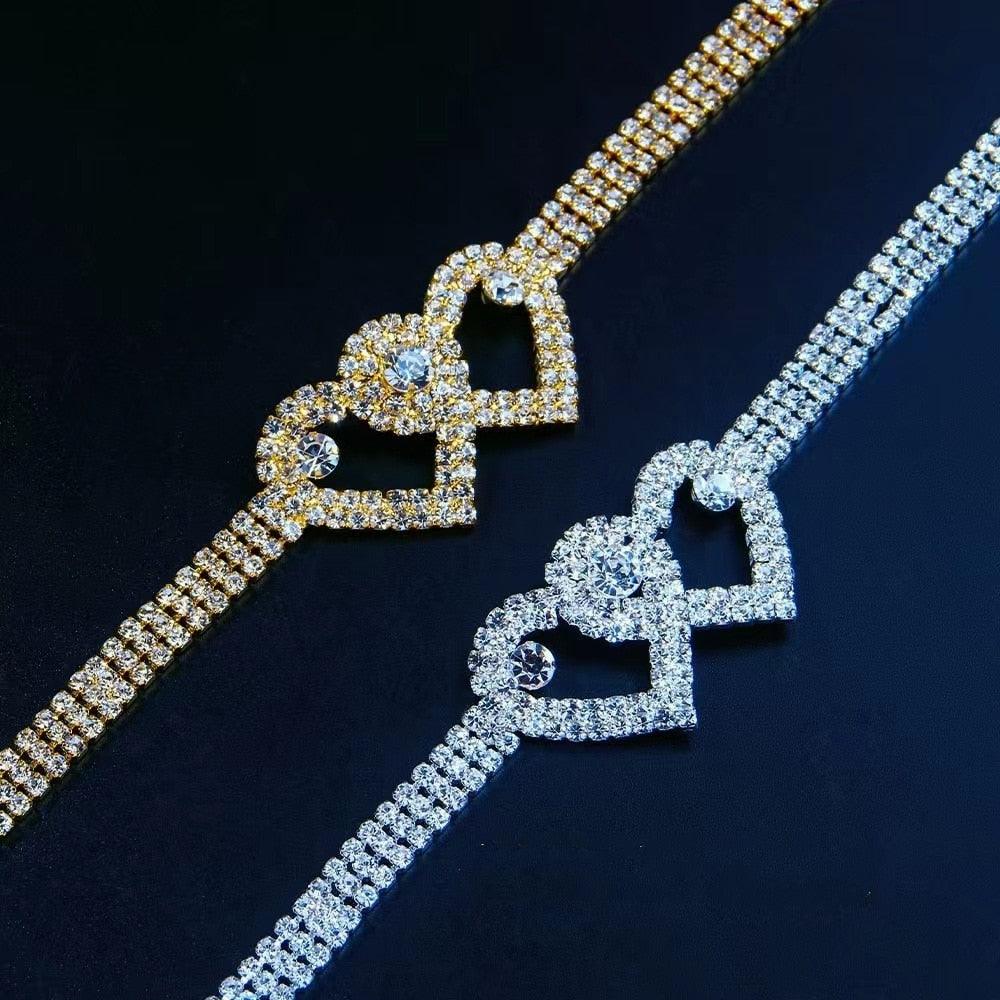 Fashion Silver Color Rhinestone Double Heart Anklet - BestShop