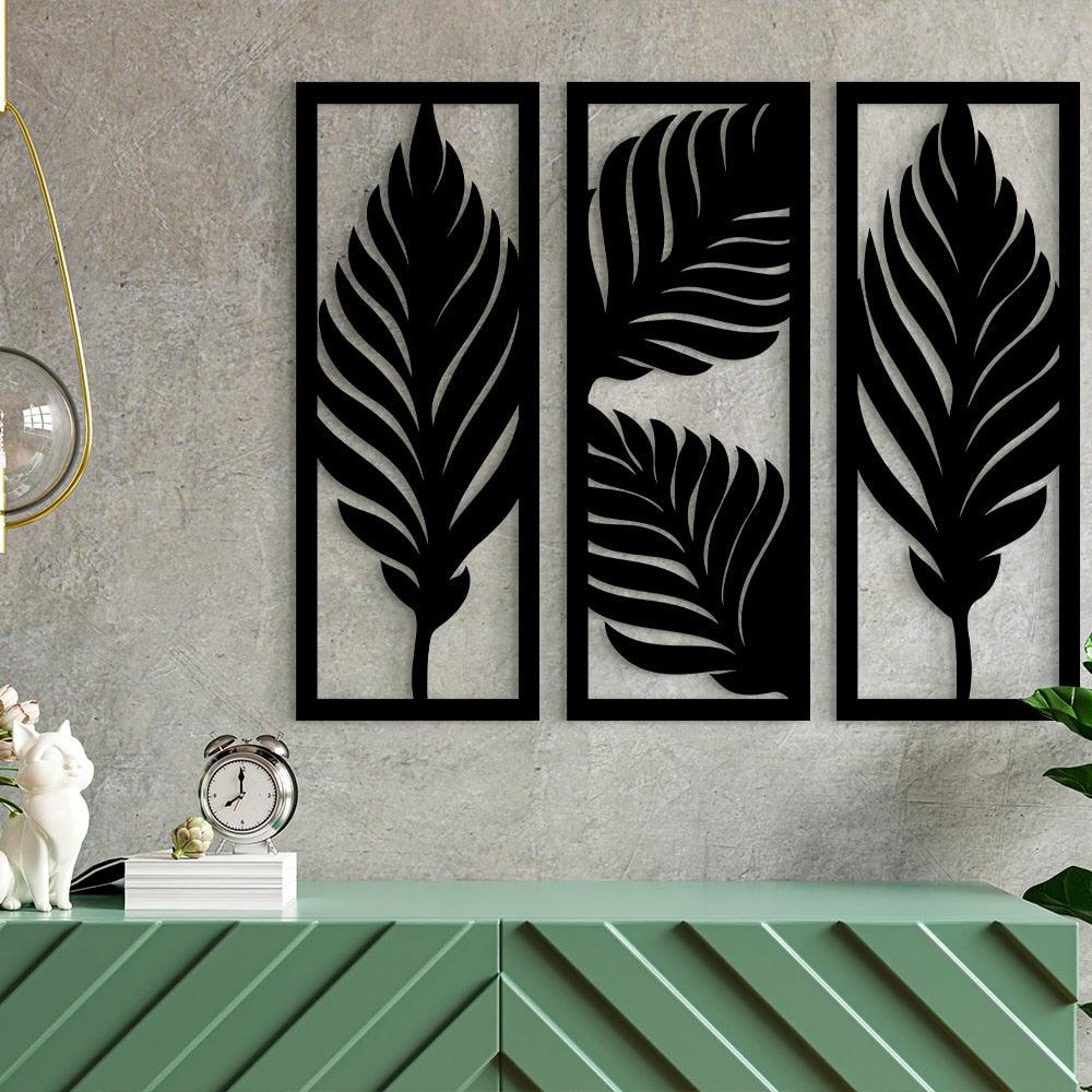 Tropical Leaves Black Line Wooden Art Decor - BestShop