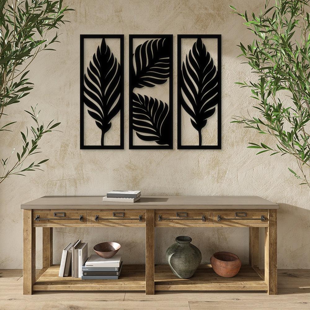 Tropical Leaves Black Line Wooden Art Decor - BestShop
