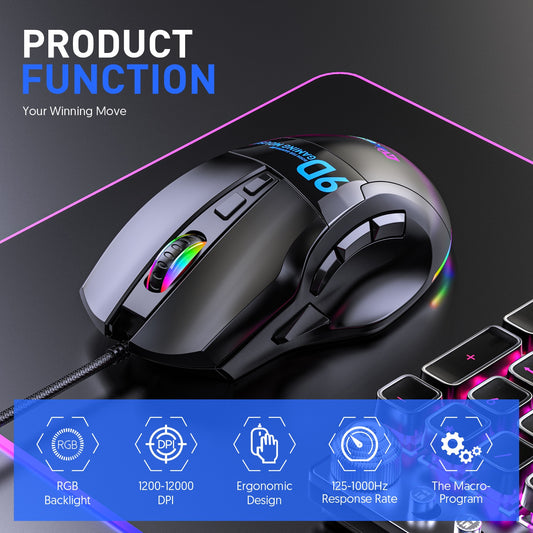 12000DPI Macro RGB Gaming Mouse 9 Programmable Keys - BestShop